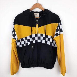 Hooded Windbreaker Jacket Size S. Yellow Black White Checker Flag Ashley by 26